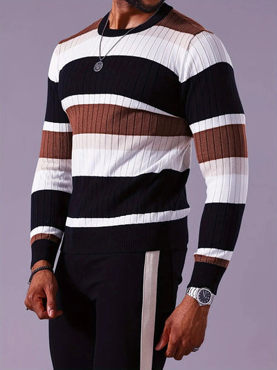 Men's Striped Color-Block Ribbed Knit Sweater - Long Sleeve Round Neck Pullover with Elastic
