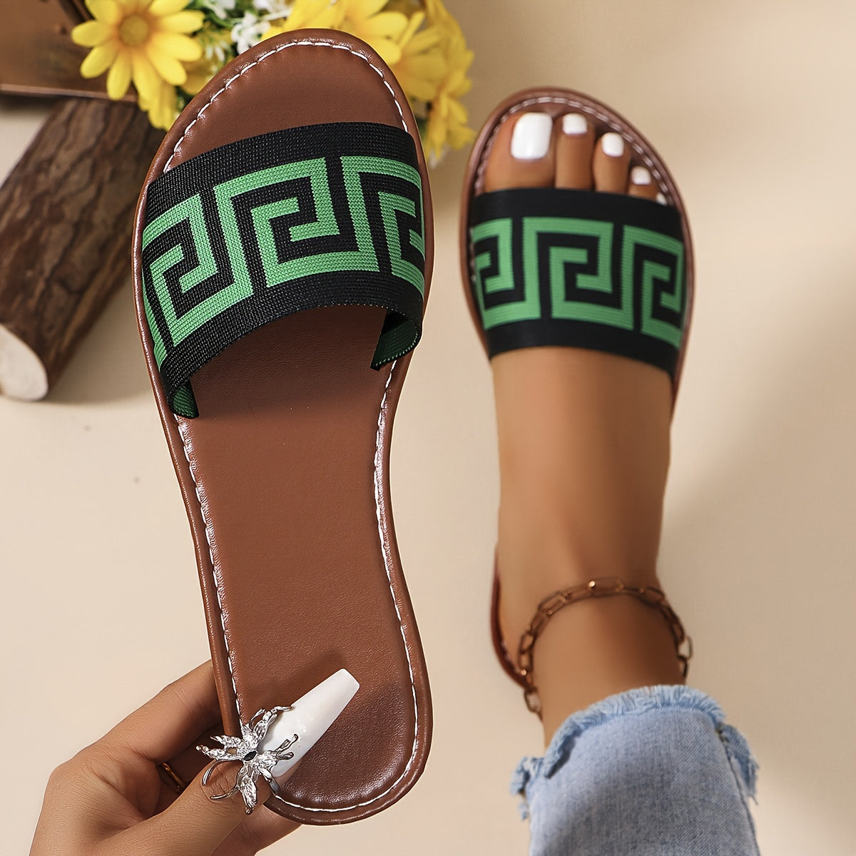 Summer Women's Slip-On Sandals | Black & White Striped, Breathable Fabric Upper - Maximus Echo