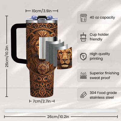 1-Pack Men's Lion Design Insulated Bottle Cup - Brown Lion Head, Leakproof Coffee Cup , Heavy-Duty 304 Stainless Steel Travel Mug (40oz) Maximus Echo