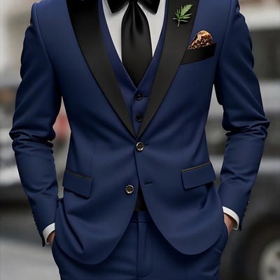 Men's 3pcs suit, plain color green fruit collar suit with jacket and formal trousers, suitable for business gatherings, graduation ceremonies, weddings and parties - Maximus Echo