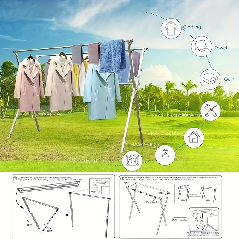 Foldable Metal Clothes Drying Rack, Adjustable Three Rod, with Space-Saving Storage Maximus Echo
