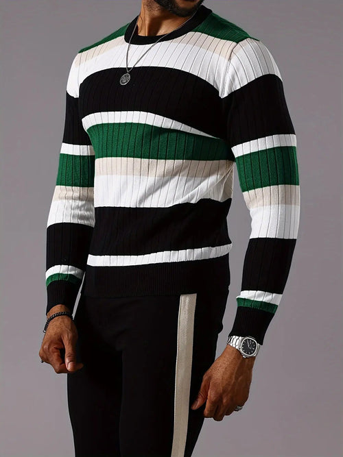 Men's Striped Color-Block Ribbed Knit Sweater - Long Sleeve Round Neck Pullover with Elastic