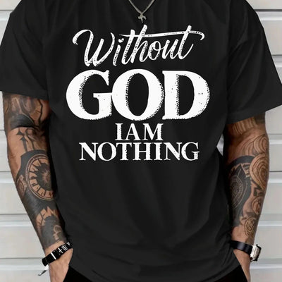 Men's 180g Heavyweight Cotton T-Shirt with "Without GOD I AM NOTHING" Inspirational Print - Navy Blue Casual Round Neck Short Sleeve Tee, Machine Washable - Maximus Echo