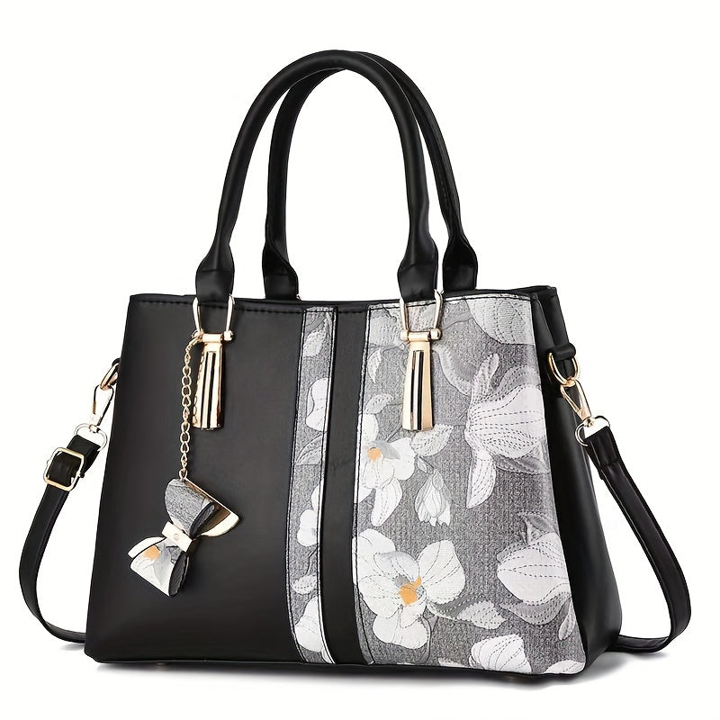 Elegant Floral Print Women's Handbag - Chic Colorblock Handbag with Zip Closure, Durable PU Material - Maximus Echo
