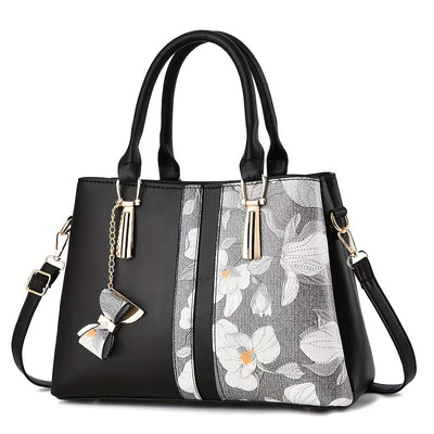 Elegant Floral Print Women's Handbag - Chic Colorblock Handbag with Zip Closure, Durable PU Material - Maximus Echo