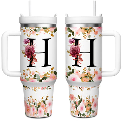 1pc 40oz "A-Z Floral Letters" Stainless Steel Travel Cup, Keeps Hot 12h Cold 24h. Coffee Cup - Maximus Echo