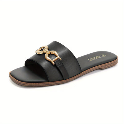 Women's Summer Flat Sandals - Comfortable Sandals with Golden Chain Detail, Travel, Casual Outings, Elegant Footwear - Maximus Echo