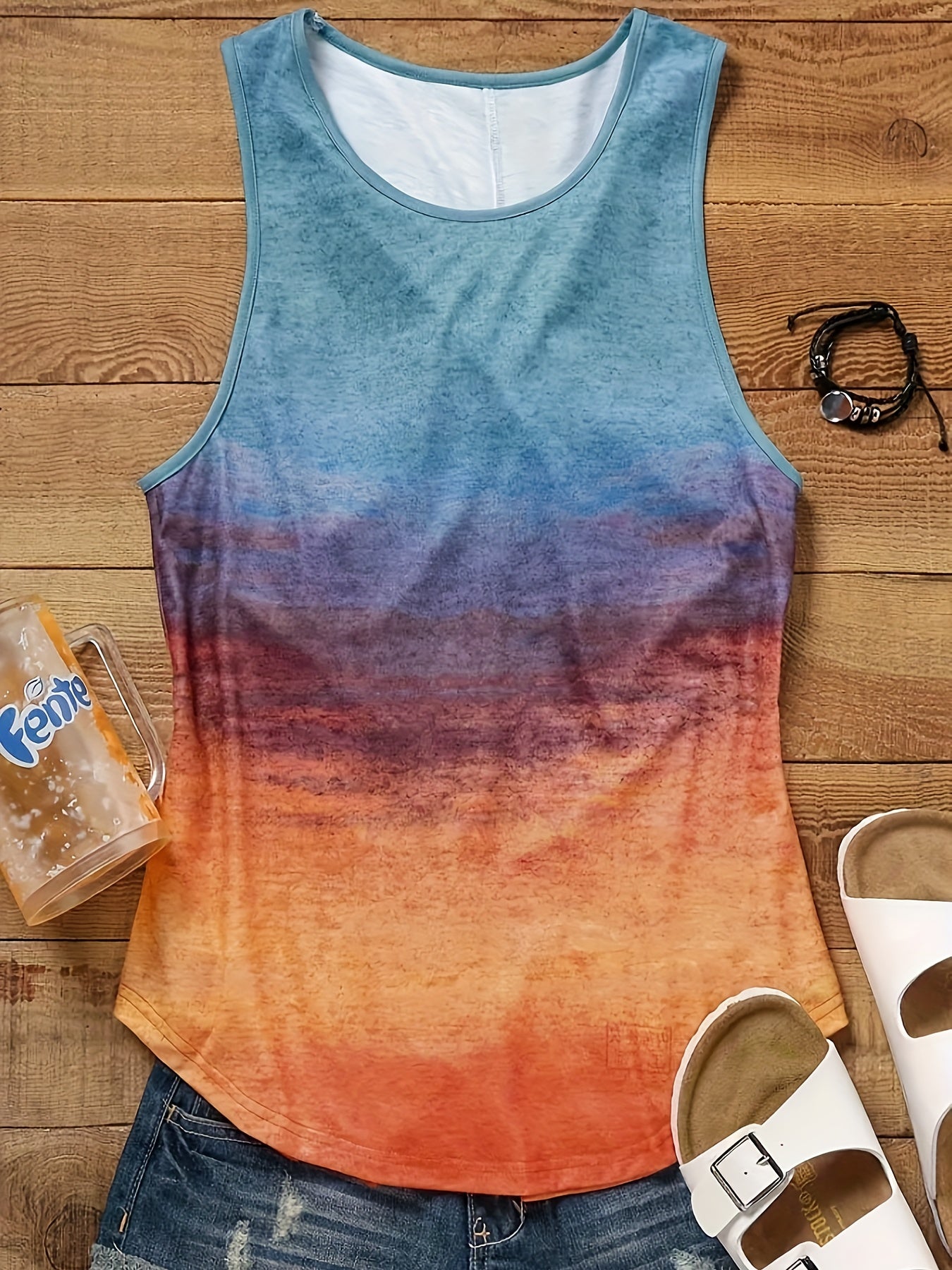 Elegant Gradient Print Sleeveless Tank Top for Women - Crew Neck with Twist Back Detail, Stretchy Polyester Blend - Maximus Echo
