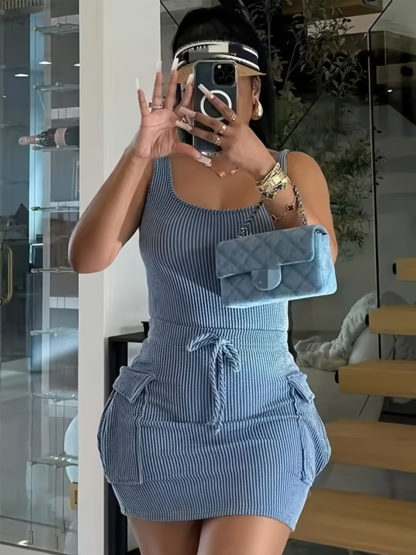 Stretchy Bodycon Striped Dress | Women's Tie-Front Adjustable Mini Casual with Side Pockets - Machine Washable - Maximus Echo