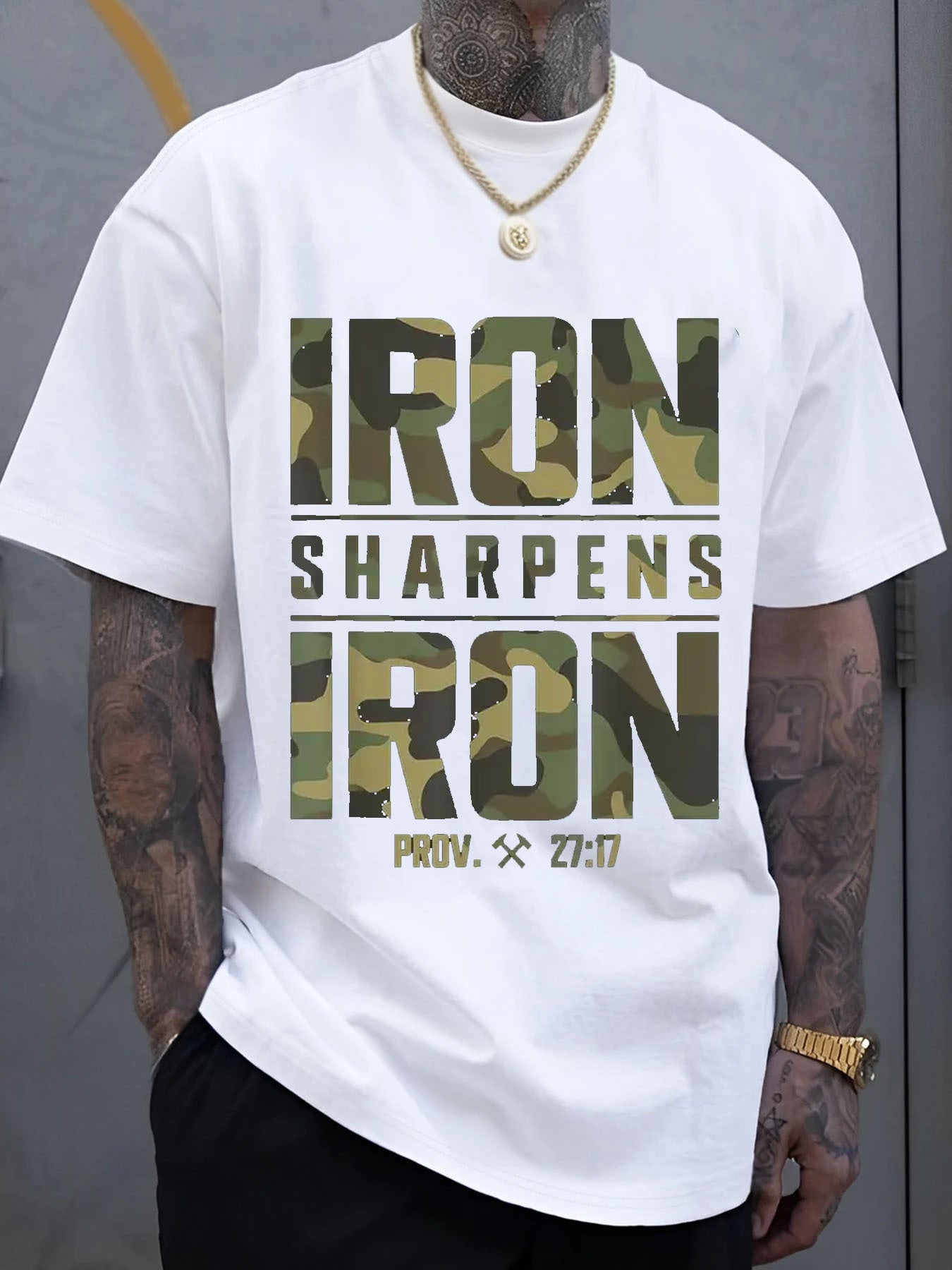 Men's 100% Cotton T-Shirt with Camouflage Pattern & "IRON SHARPENS IRON" Proverbs 27:17 Breathable Regular Fit, Machine Washable - Maximus Echo