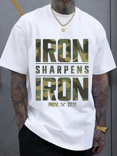 Men's 100% Cotton T-Shirt with Camouflage Pattern & "IRON SHARPENS IRON" Proverbs 27:17 Breathable Regular Fit, Machine Washable - Maximus Echo