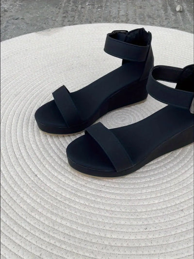 Women's Solid Color Minimalist Sandals, Back Zipper Casual Ankle Buckle Platform Shoes, Summer Wedge Beach Shoes - Maximus Echo
