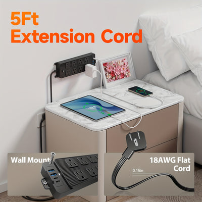 Protector Outlet Extender Power Strip with 5ft/10ft Thin Flat Extension Cord, 8 Widely Distributed AC Outlets, 4 USB Charging Ports (2 USB A & 2 USB C), Desk Charging Station, Compact Power Strip Outlet Extend - Maximus Echo