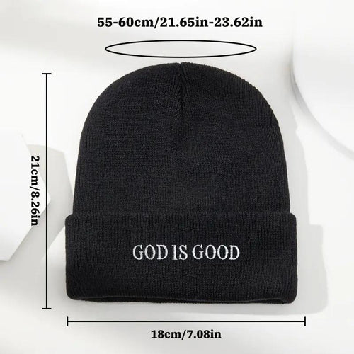 Men's & Women's Black Winter Beanie with 'God is Good' White Cursive Lettering
