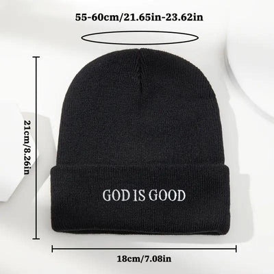 Men's & Women's Black Winter Beanie with 'God is Good' White Cursive Lettering