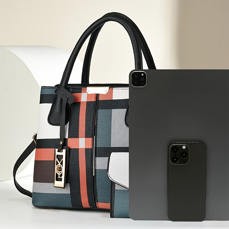 Elegant Women's Tote Bag | Checkered Design, Removable Shoulder Strap, Polyester Lined Interior, Perfect for Commuting - Maximus Echo
