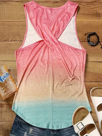 Elegant Gradient Print Sleeveless Tank Top for Women - Crew Neck with Twist Back Detail, Stretchy Polyester Blend - Maximus Echo