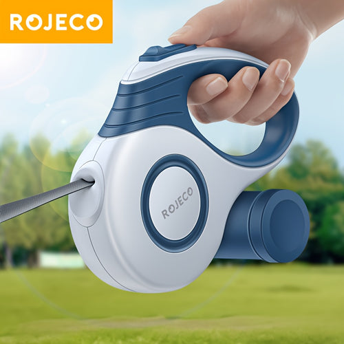 ROJECO Automatic Retractable Dog Leash - 16ft Durable Nylon Extendable Lead for Small to Large Dogs, Blue & White Geometric Design, Leash for Easy Walking and Control - Maximus Echo