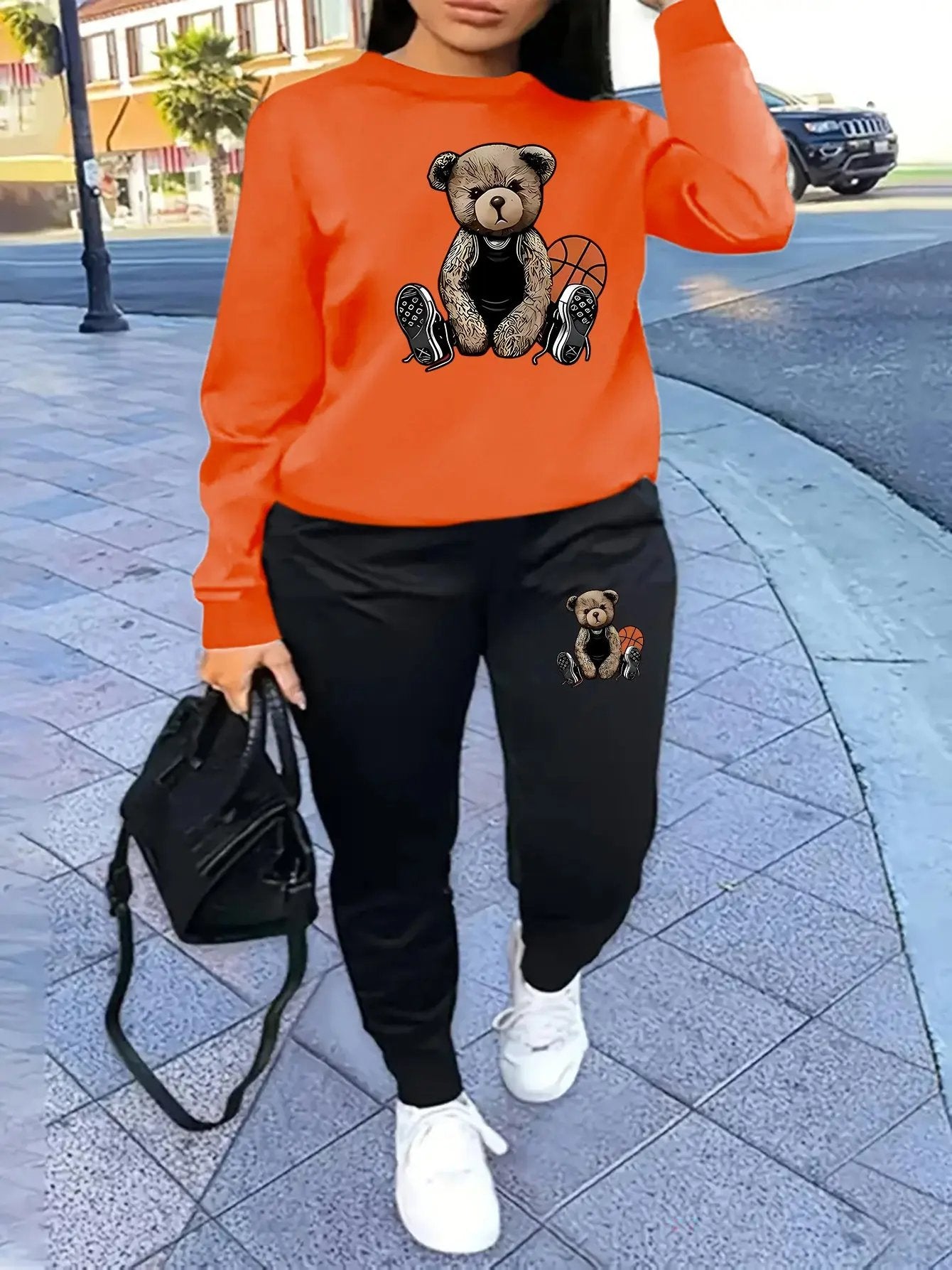Women'S Casual Sports Fashion Bear Basketball Pattern Crew Neck Sweatshirt Set with Knit Fabric, 100% Polyester Material, Fall/Winter Season