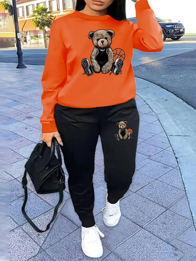 Women'S Casual Sports Fashion Bear Basketball Pattern Crew Neck Sweatshirt Set with Knit Fabric, 100% Polyester Material, Fall/Winter Season