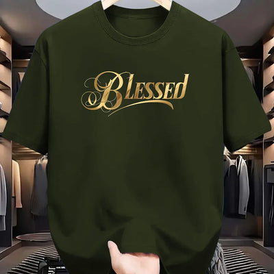 Men's "Blessed" Golden Letter Print Maroon Casual Short Sleeve T-Shirt - Summer Outdoor Gym Training Tee Maximus Echo