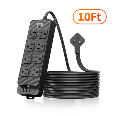 Protector Outlet Extender Power Strip with 5ft/10ft Thin Flat Extension Cord, 8 Widely Distributed AC Outlets, 4 USB Charging Ports (2 USB A & 2 USB C), Desk Charging Station, Compact Power Strip Outlet Extend - Maximus Echo