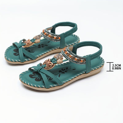 Summer Beach Sandals, Tribal Style Striped Flats for Women with Rhinestone Accents Maximus Echo