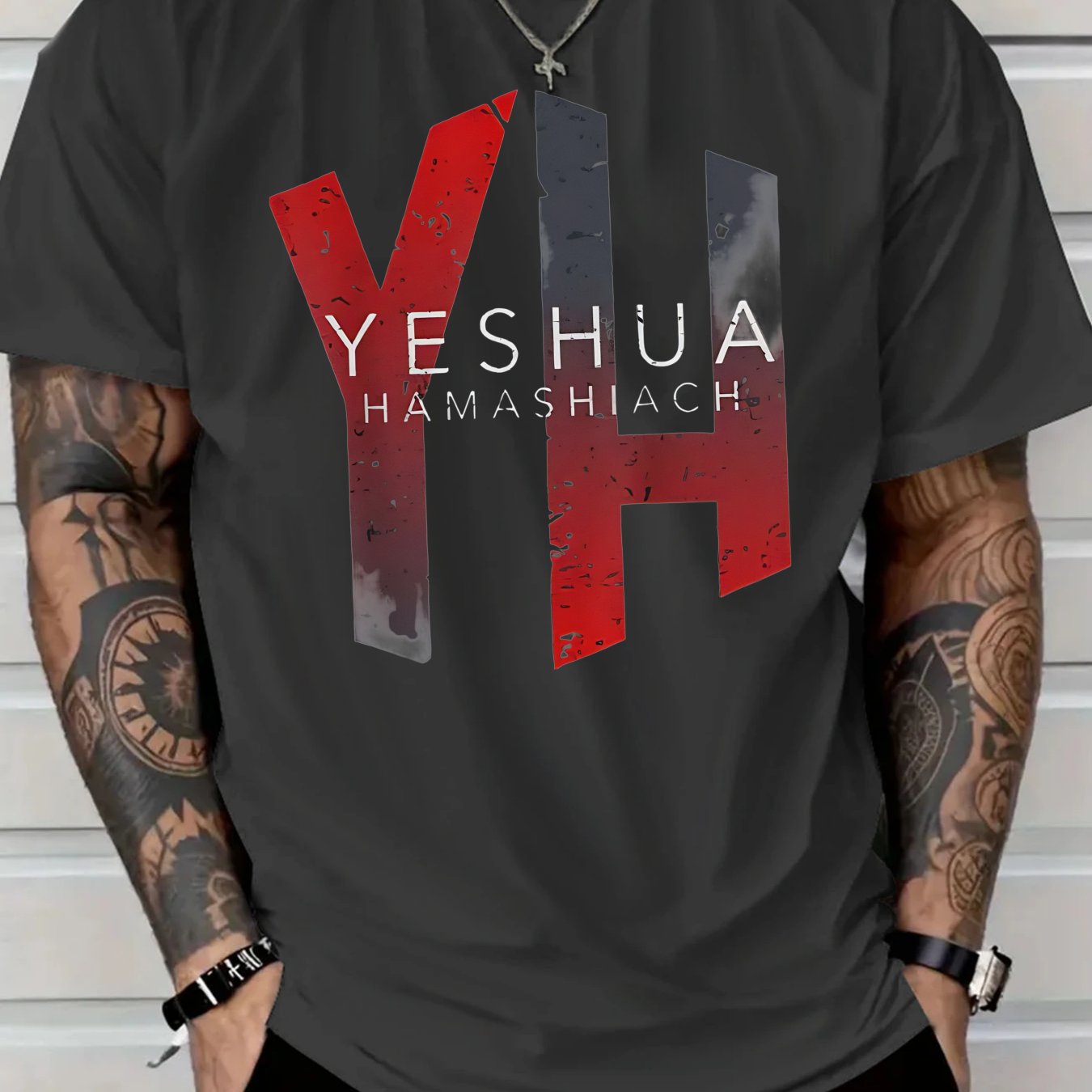 2025 Men's Casual Cotton T-Shirt with Yeshua Hamashiah Graphic Print -  Short Sleeve Round Neck, Fit for All-Season Comfort, Machine Washable - Maximus Echo
