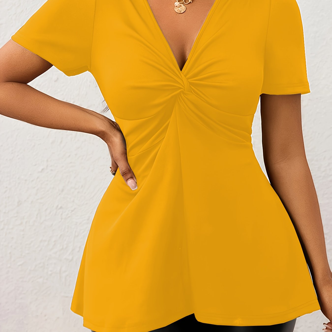 Women'S Elegant Solid Color V-Neck Twist-Front Loose Hem Stretchy Comfortable Basic T-Shirt Top - Maximus Echo