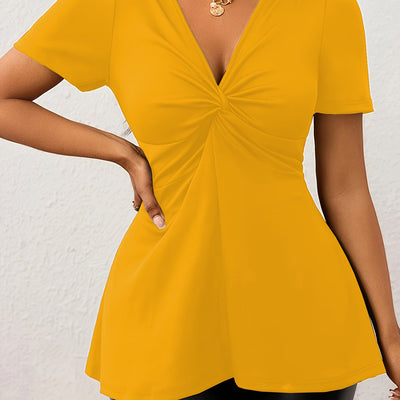 Women'S Elegant Solid Color V-Neck Twist-Front Loose Hem Stretchy Comfortable Basic T-Shirt Top - Maximus Echo
