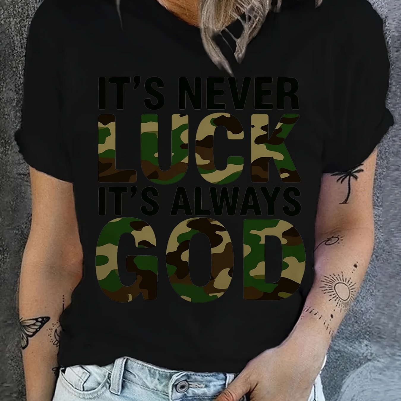 Women'S Casual T-Shirt - "It'S Never Lucky to Be God" Graphic, Comfortable Round Neck - Maximus Echo