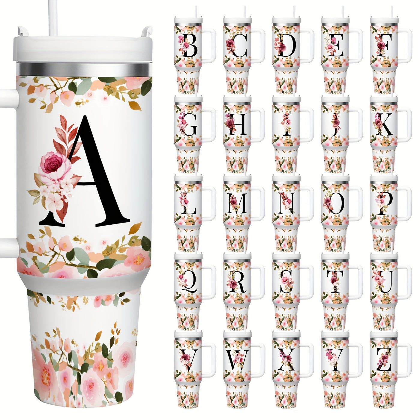 1pc 40oz "A-Z Floral Letters" Stainless Steel Travel Cup, Keeps Hot 12h Cold 24h. Coffee Cup - Maximus Echo