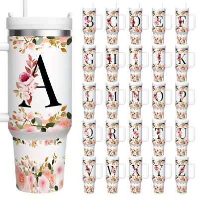 1pc 40oz "A-Z Floral Letters" Stainless Steel Travel Cup, Keeps Hot 12h Cold 24h. Coffee Cup - Maximus Echo