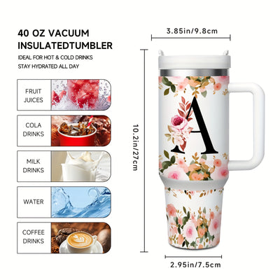 1pc 40oz "A-Z Floral Letters" Stainless Steel Travel Cup, Keeps Hot 12h Cold 24h. Coffee Cup - Maximus Echo