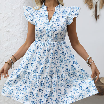 100% Polyester Floral Print Mini Dress - Vacation Style with Flutter Sleeves for Women's Summer - Maximus Echo