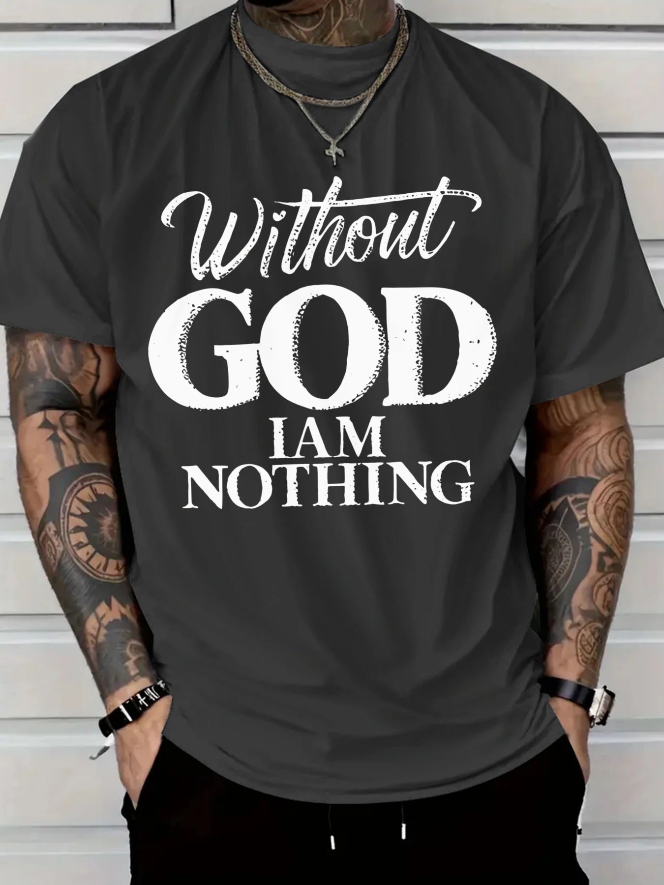 Men's 180g Heavyweight Cotton T-Shirt with "Without GOD I AM NOTHING" Inspirational Print - Navy Blue Casual Round Neck Short Sleeve Tee, Machine Washable - Maximus Echo