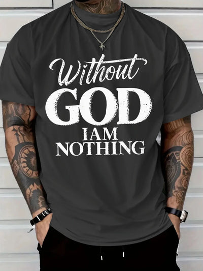 Men's 180g Heavyweight Cotton T-Shirt with "Without GOD I AM NOTHING" Inspirational Print - Navy Blue Casual Round Neck Short Sleeve Tee, Machine Washable - Maximus Echo