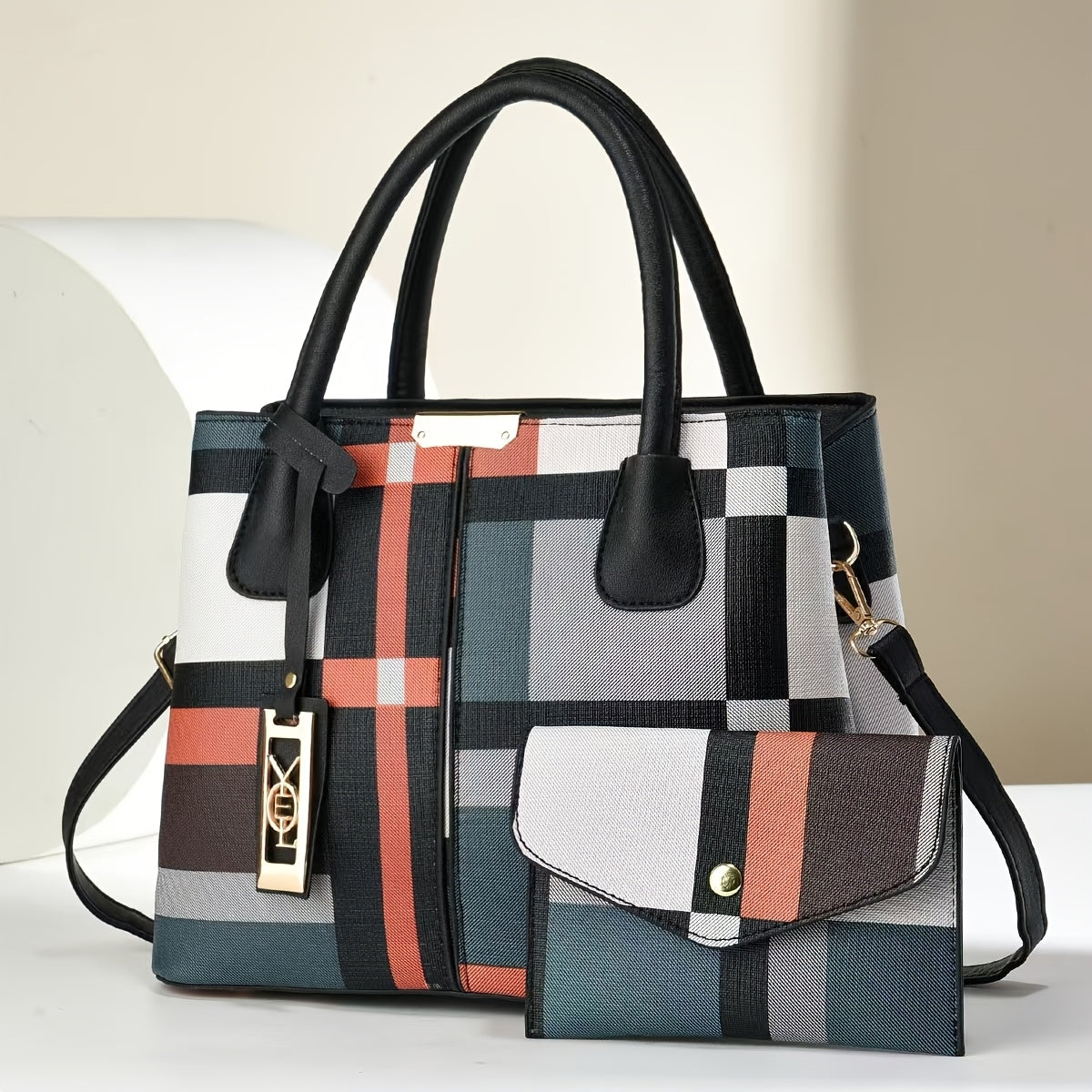 Elegant Women's Tote Bag | Checkered Design, Removable Shoulder Strap, Polyester Lined Interior, Perfect for Commuting - Maximus Echo