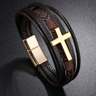 1pc PU Leather Fashion Magnetic Buckle Cross Simple Men's Versatile Woven Bracelet, Father's Day Gift - Maximus Echo