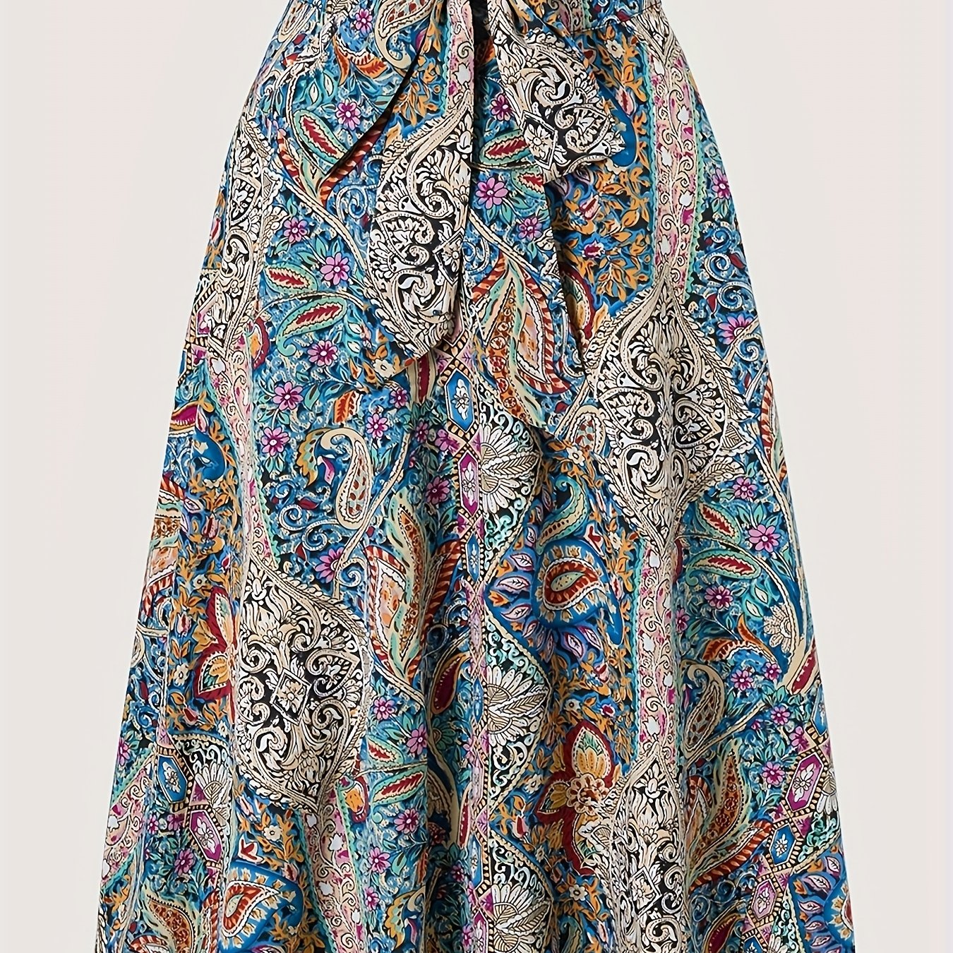 Women's Bohemian Floral Print A-Line Midi Skirt - Vibrant Paisley & Blossom Design, High-Waisted Casual Spring/Summer Skirt, Polyester, Machine Washable, High Waisted Skirt - Maximus Echo