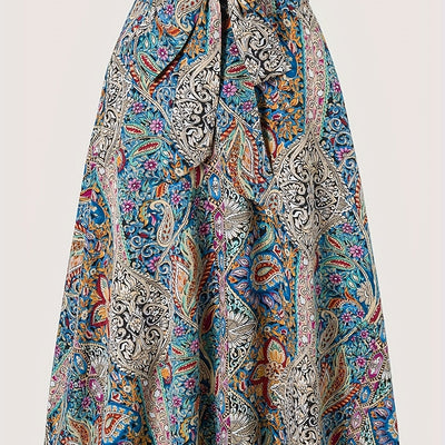 Women's Bohemian Floral Print A-Line Midi Skirt - Vibrant Paisley & Blossom Design, High-Waisted Casual Spring/Summer Skirt, Polyester, Machine Washable, High Waisted Skirt - Maximus Echo