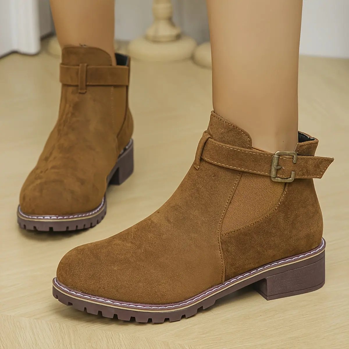 Women's Slip-On Low Heel Ankle Boots - Sporty Chic Round Toe with Decorative Buckle