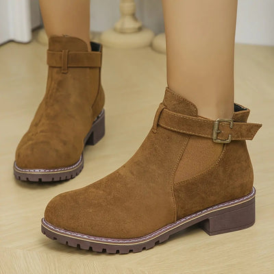 Women's Slip-On Low Heel Ankle Boots - Sporty Chic Round Toe with Decorative Buckle