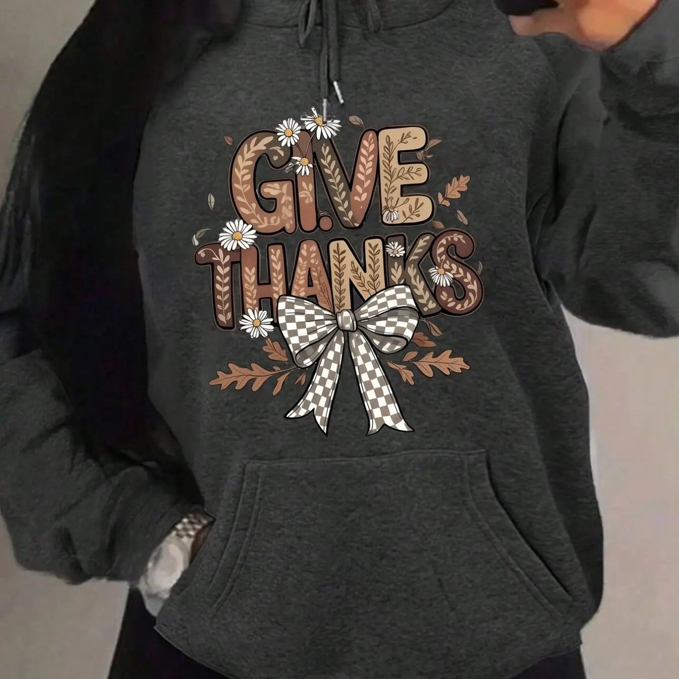 Women's Oversized Dark Gray Hooded Sweatshirt with Kangaroo Pocket Maximus Echo