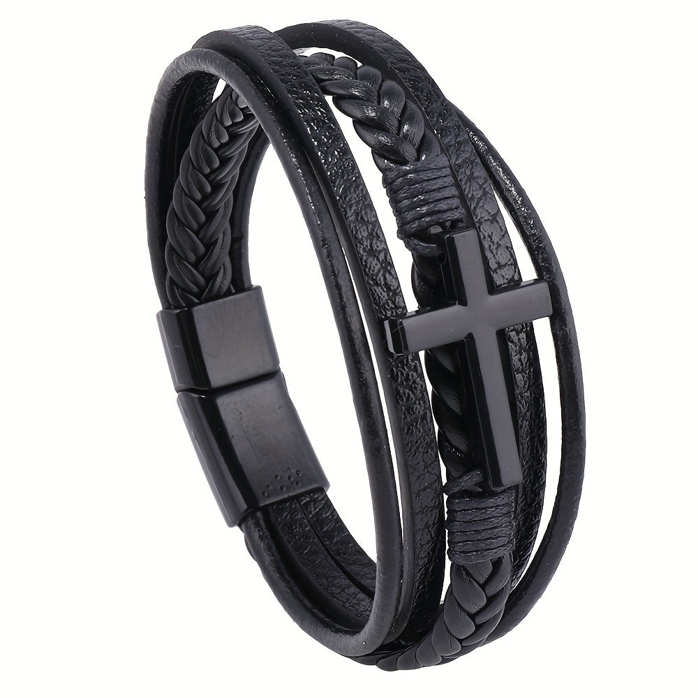 1pc PU Leather Fashion Magnetic Buckle Cross Simple Men's Versatile Woven Bracelet, Father's Day Gift - Maximus Echo