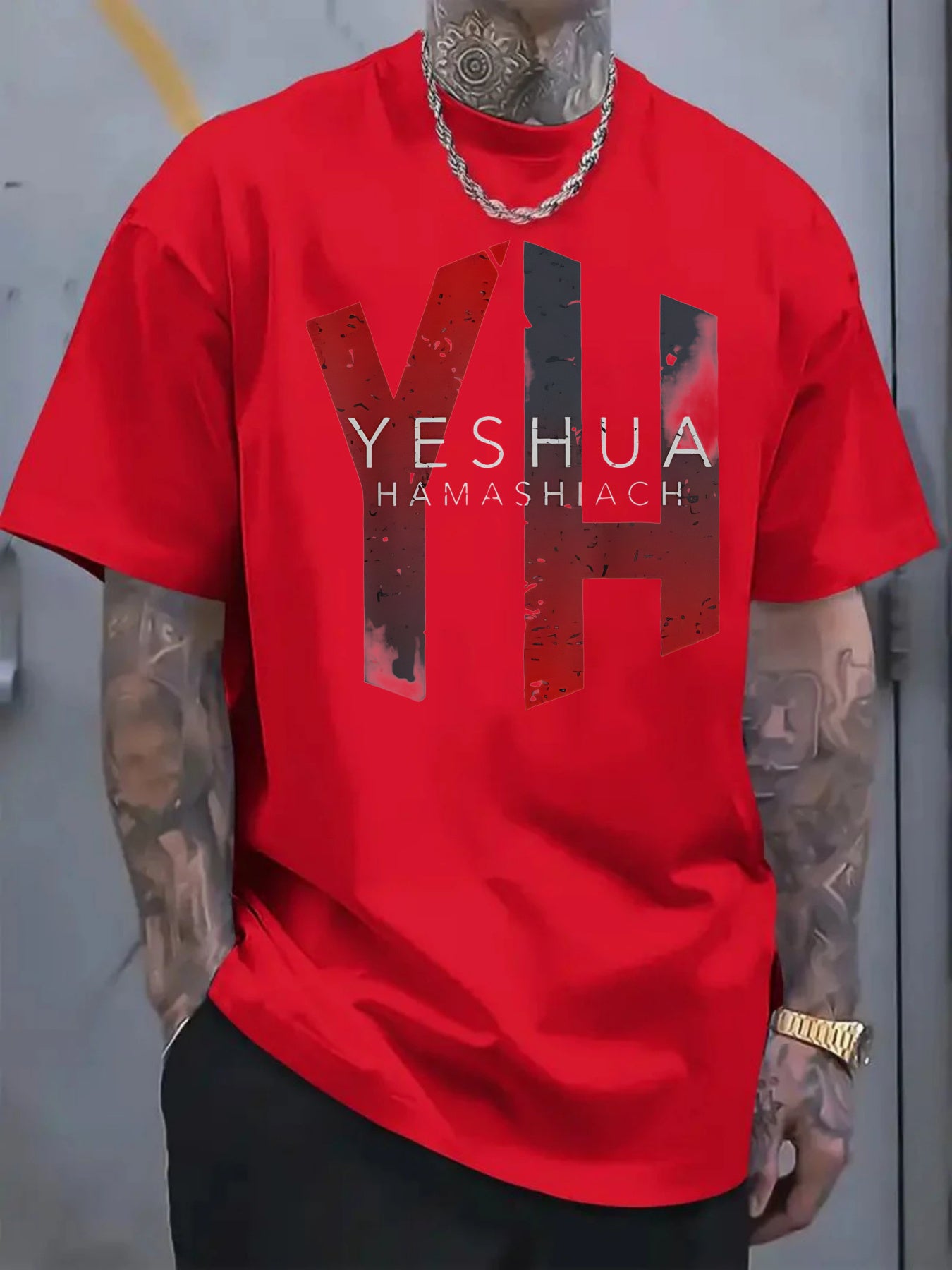 2025 Men's Casual Cotton T-Shirt with Yeshua Hamashiah Graphic Print -  Short Sleeve Round Neck, Fit for All-Season Comfort, Machine Washable - Maximus Echo