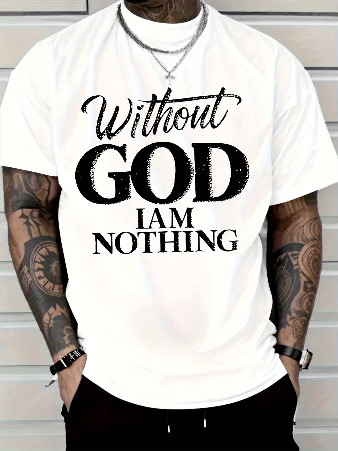 Men's 180g Heavyweight Cotton T-Shirt with "Without GOD I AM NOTHING" Inspirational Print - Navy Blue Casual Round Neck Short Sleeve Tee, Machine Washable - Maximus Echo