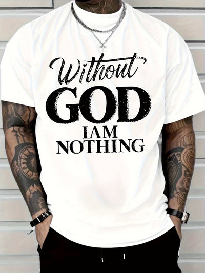 Men's 180g Heavyweight Cotton T-Shirt with "Without GOD I AM NOTHING" Inspirational Print - Navy Blue Casual Round Neck Short Sleeve Tee, Machine Washable - Maximus Echo