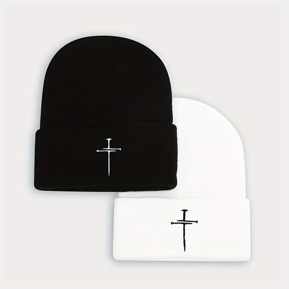 Unisex White & Blue/ Grey Knit Beanie Hats with Cross- Winter