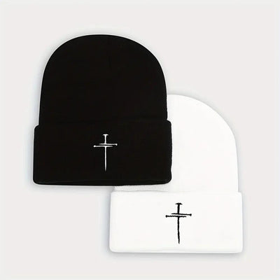 Unisex White & Blue/ Grey Knit Beanie Hats with Cross- Winter